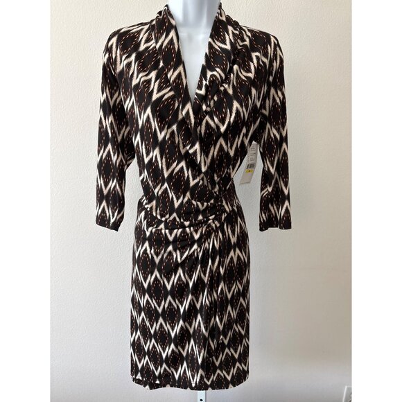 NWT Karen Kane Dress Size M Boho Chic Solar Ikat Faux Wrap Gold Sun Brown Black - Picture 14 of 16